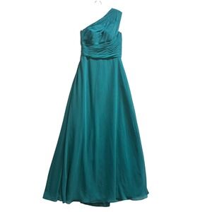 Azazie Teal One Shoulder Pleated Chiffon Maxi Gown Bridesmaid Prom Size A2 SZ 2